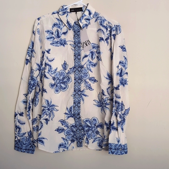 Zara woman floral linen viscose long sleeve shirt L white blue NWT 9878/097 - Picture 8 of 12